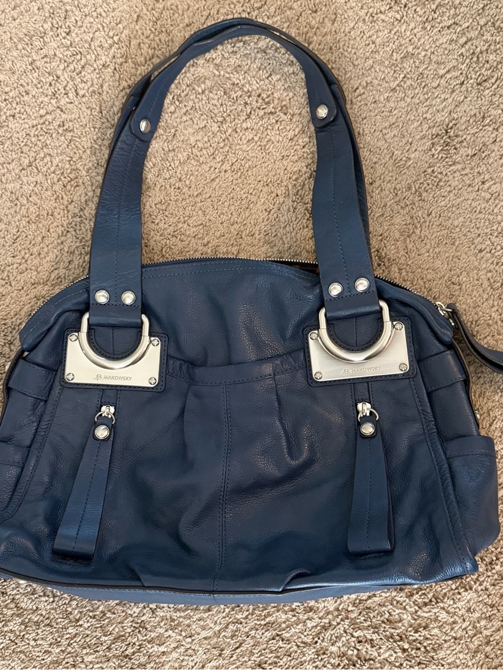 B. Makowsky Navy Leather Shoulder Slouch Bag